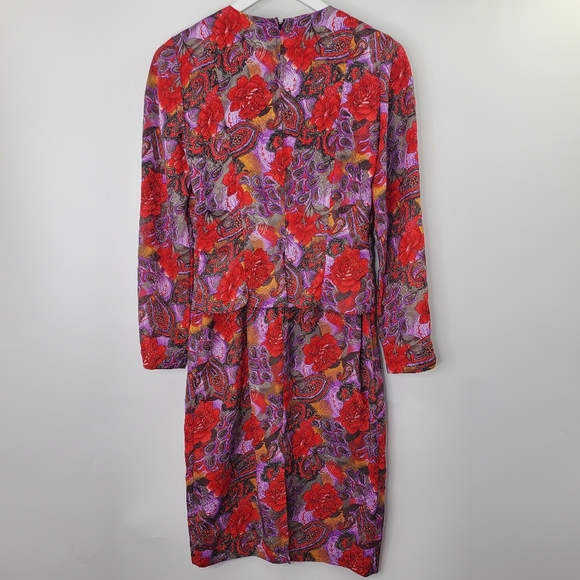 Vintage 80s Maggy Boutique Floral Printed Satin Suit Dress Pearl Buttons - Picture 5 of 9